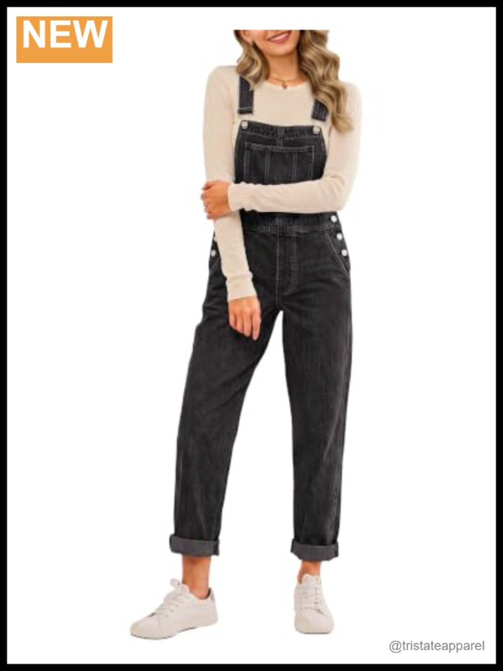 Stretch Denim Bib Overalls Adjustable Straps Cuffed Hem Casual Work